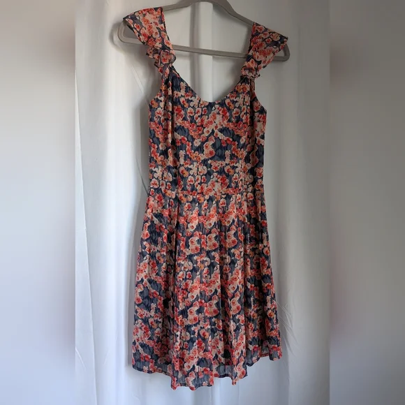 Joie Silk Floral Sleeveless Dress Navy & Pink 100% Silk Flutter Sleeve Pleated S - Picture 2 of 14